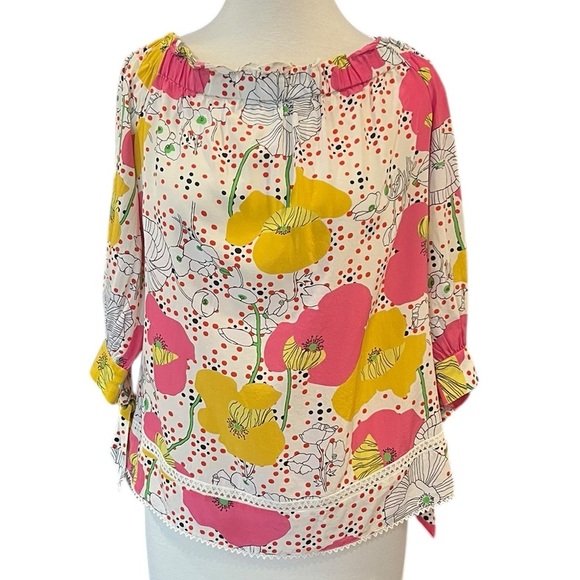 Trina Turk 100% Silk Off The Shoulder Floral 3/4 Length Sleeve Blouse Small - Picture 4 of 10